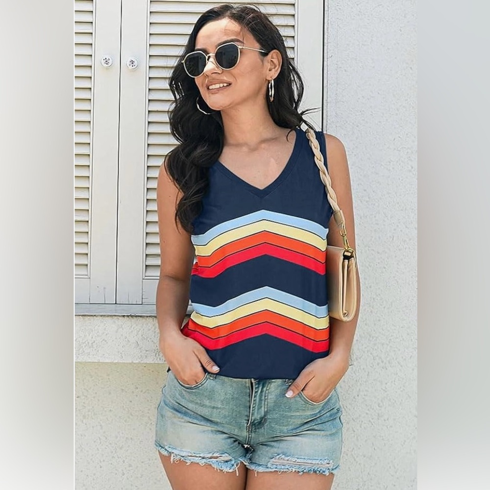 Striped V-Neck Sleeveless Retro Navy Top NWOT